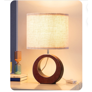 EDISHINE 13.4" Wood Table Lamp, Small Bedside Lamp with Beige Linen Lampshade & ON-Off Switch, E26 Base, Modern Nightstand Lamp for Living Room, Bedroom, Dark Walnut