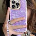 Compatible with iPhone 15 Pro Case for Women Girls, Slim Fit Stylish Cute Phone Case for iPhone 15 Pro with Flower Phone Charm Lanyard Wrist Strap, Hard Protective Case 6.1 Inch Purple Marble