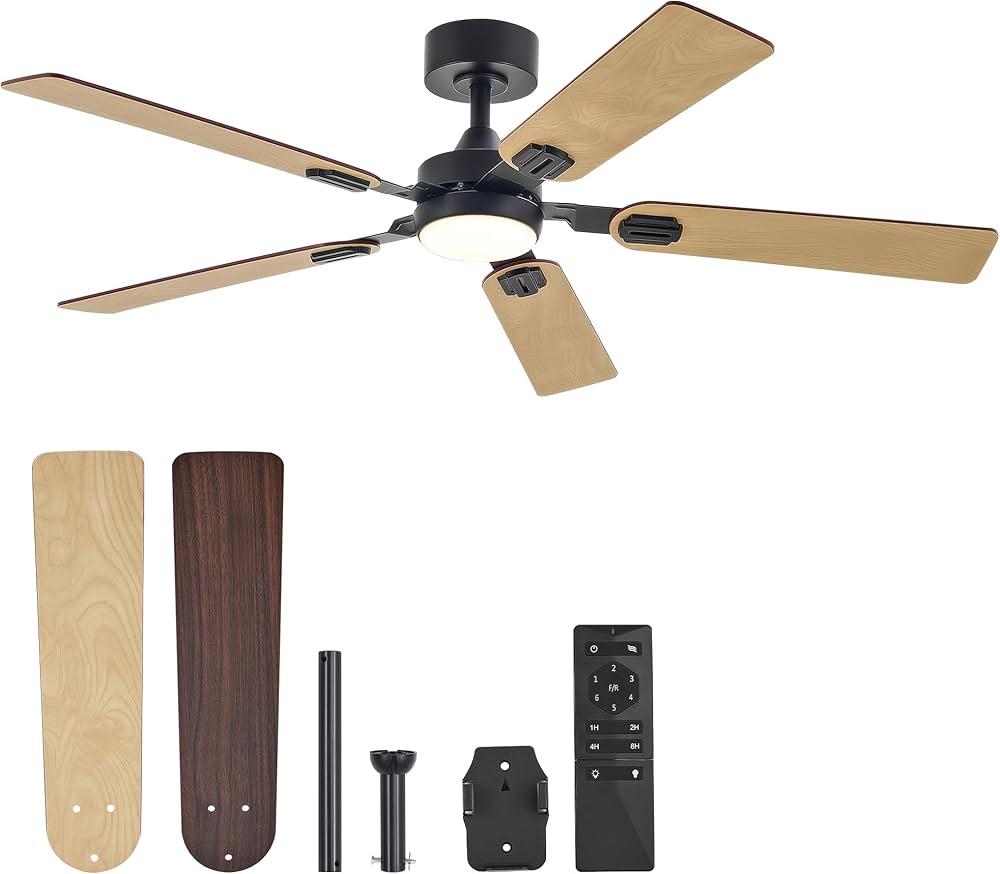 VONLUCE Ceiling Fans with Lights and Remote, 52" Ceiling Fan with 5 Blades, 6-Speeds Noiseless Reversible DC Motor for Farmhouse Bedroom Indoor, Walnut