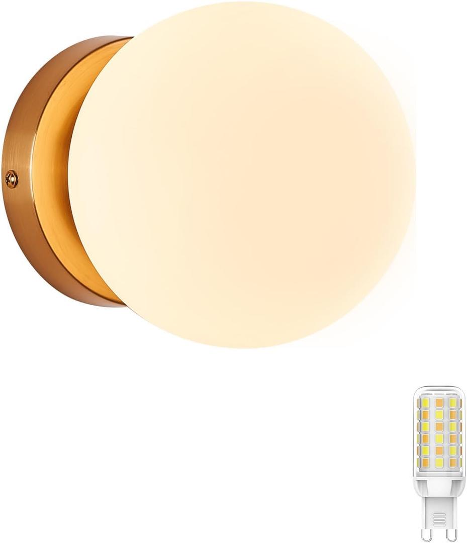 1-Light Wall Sconce, Mid Century Modern Globe Wall Sconces, Brass Gold Wall Light, Glass Wall Lamp, Indoor Round Light Fixture for Bedroom Bedside Bathroom Vanity Living Room Hallway Entry (Set of 1 (Style Round), Gold (With White Shade))