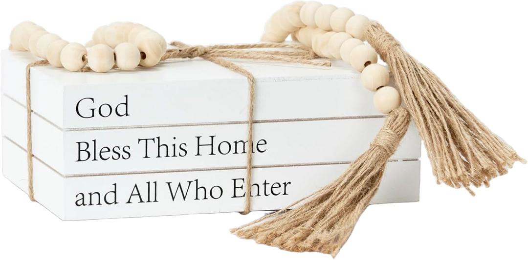 Decorative Books for Home Decor, White Faux Books for Decoration, Rustic Farmhouse Stacked Display Books (God Bless This Home and All Who Enter)