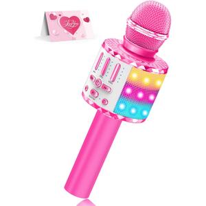 Karaoke Microphone Toys for Kids, Wireless Bluetooth Mic with Lights & Speaker, Portable Home KTV Player System, Perfect Birthday Party for 3-12 Year Old Boys & Girls (Pink)
