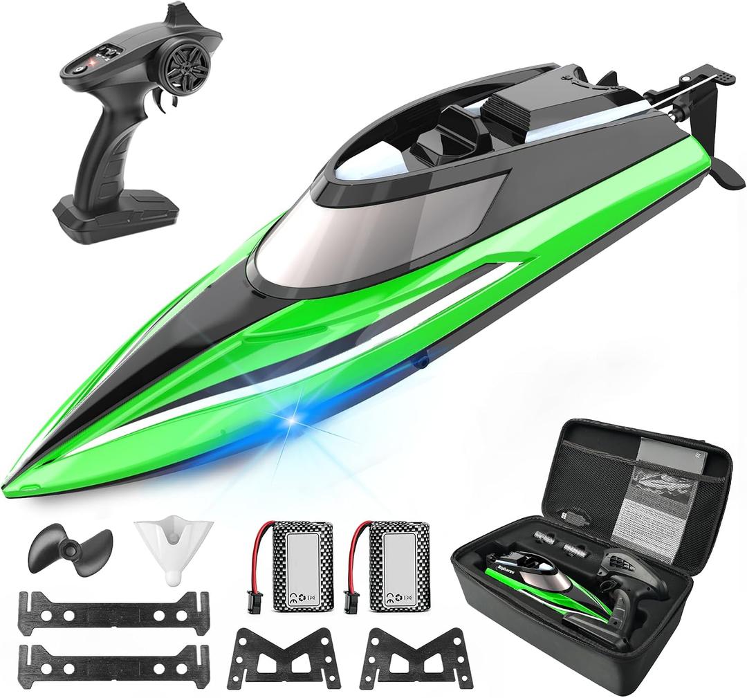 BEZGAR RC Boat, 14 inch Remote Control Boat - Self-righting, 40 Min Dual-Battery, 32 KPH Fast RC Boats for Kids & Adults with LED Lights for Pool, Lake, Ocean, Waterproof & Suitcase - Green, 9.06 x 15.75 x 5.12 inches