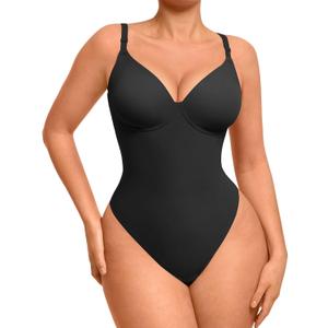 FeelinGirl Shapewear Bodysuits for Women Tummy Control, Thong Body Suit Deep V Neck Corset Top Body Shaper (Small, Black)