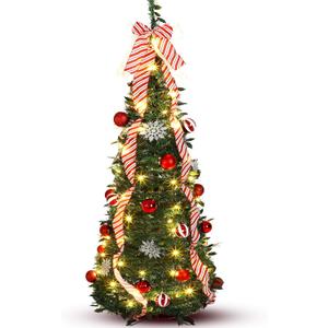 1 Set 5ft Pre-lit Pop up Christmas Tree with Lights Artificial Collapsible Foldable Christmas Pencil Tree Gold Red Ribbon Balls Ornaments for Xmas Holiday Party Garden Home Wedding Decor