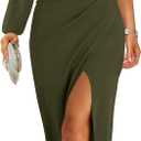 ZESICA Women's One Shoulder Long Sleeve Cocktail Dress Sexy High Slit Ruched Bodycon Wedding Guest Maxi Dresses, M