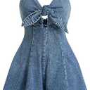 OYOANGLE Women's Vintage Bowknot Spaghetti Strap Denim Romper Sleeveless Wide Leg Jean Short Jumpsuits XL