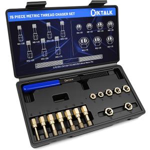 15-Piece Metric Thread Chaser Set, Master Thread Repair Kit with 7 Taps 7 Dies & Thread File, M6, M8, M10, M12,Automotive Rethreading Tool with Case