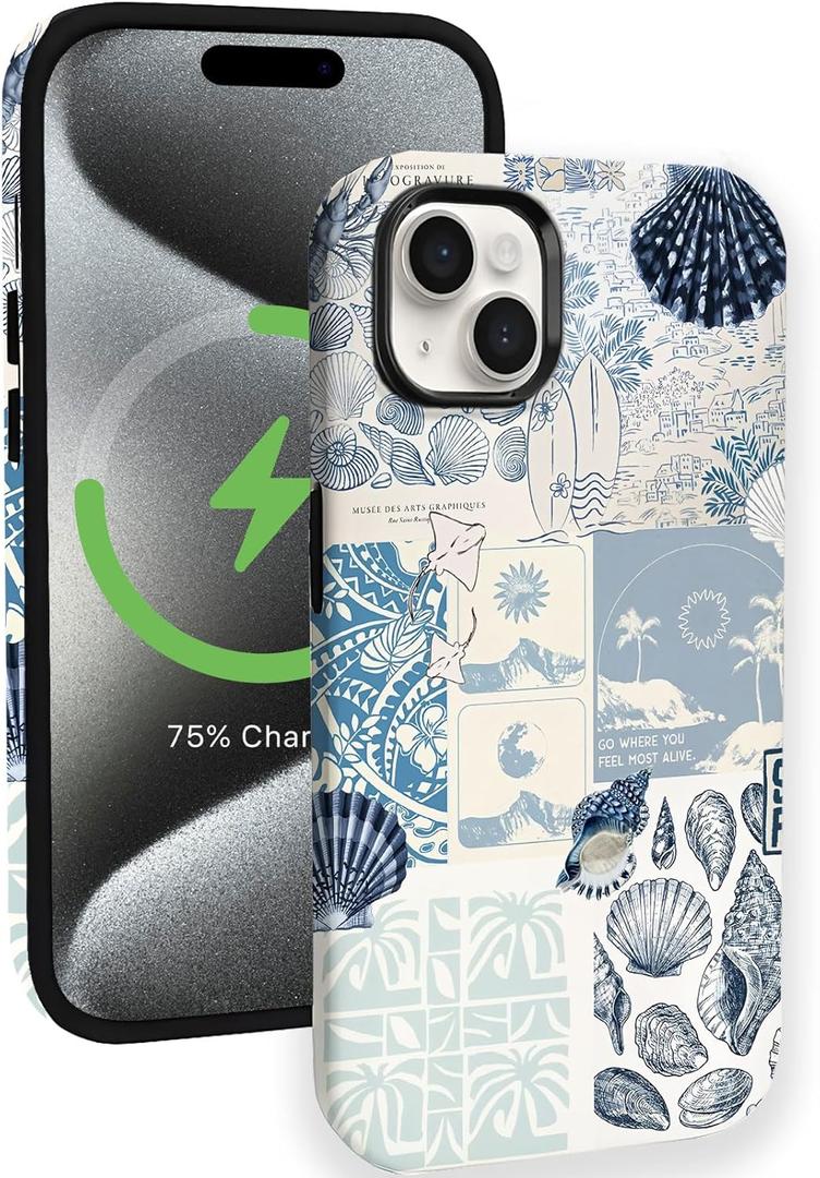 Compatible for iPhone 13 Pro Case Compatible with MagSafe [6ft Drop Tested] Rugged Shockproof Protective Phone Case for Women Men Summer Coastal Sea Shell Ocean Collage Blue Aesthetic Design