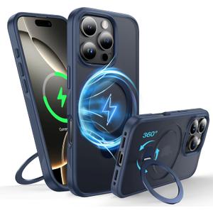 FNDMIL 360Rotatable Magnetic Ring for iPhone 16 Pro Case Compatible with MagSafe [Military Shockproof][Non-Slip Texture Edge][Built-in Kickstand] Slim Translucent Matte Soft Silicone Bumper,Blue