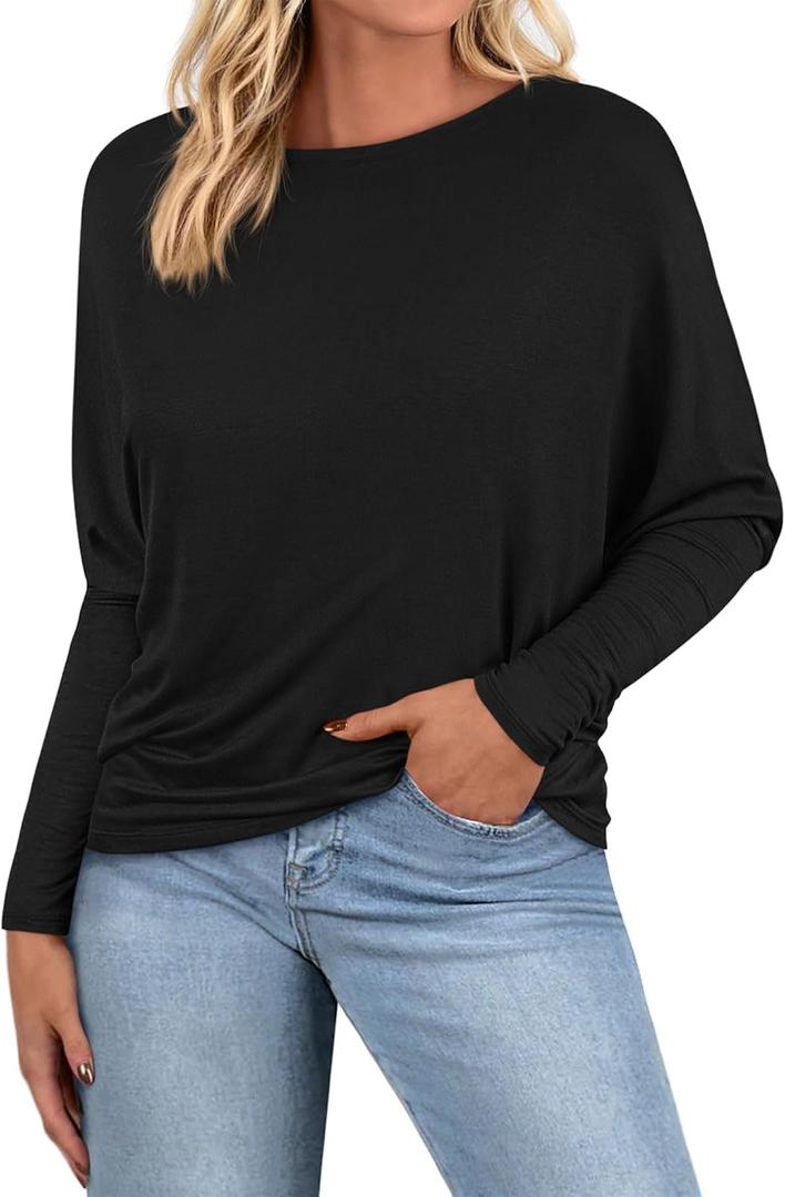 Zenlonr Long Sleeve Tops for Women Fall Fashion Outfits 2025 Crewneck Knit Basic Tee Shirts Business Casual Tops (Black)