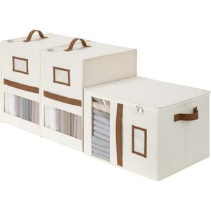 StorageWorks 3-Pack Bed Sheet Organizers and Storage, Foldable Bedsheet Holder for Linen Closet, Bedding Container with Handle, Beige, 15" D x 12"W x 10" H