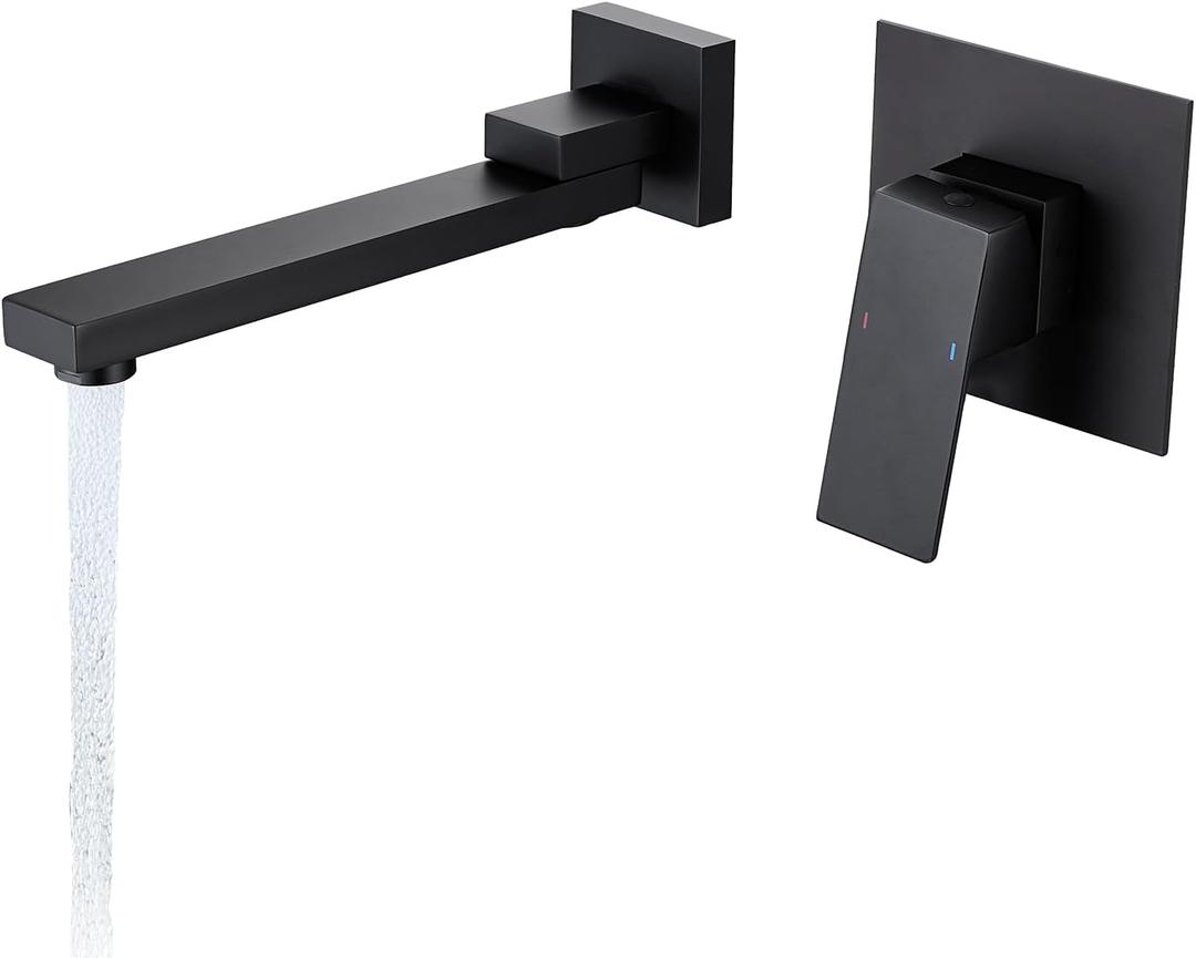 Matte Black Wall Mount Tub Faucet with 180 Swivel Stainless Steel Spout, Solid Brass Valve, Modern Square Wall Mounted Tub Filler with Single Handle Temperature Control