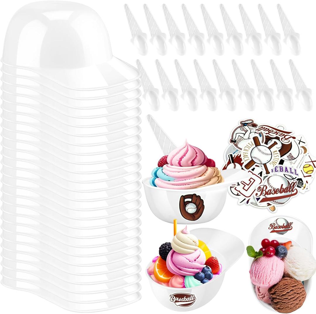 MEEZY 50 Set Baseball Helmet Ice Cream Bowls with 25 Mini Dessert Cups and 25 Spoons, 8oz Reusable Baseball Cap Snack Dessert Cup Bowls Baseball Party Favors for Kids Sports Birthday Party Supplies