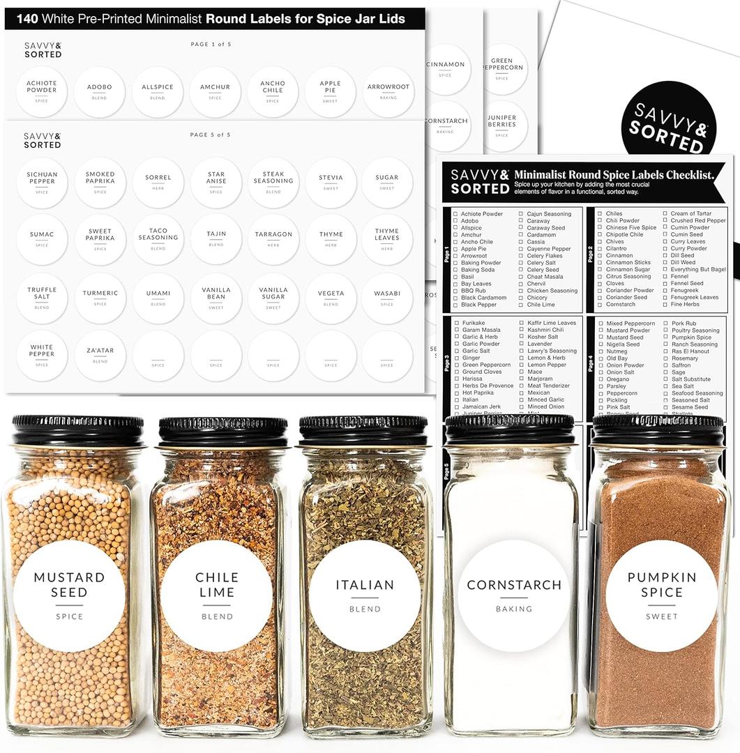 Minimalist Round Spice Labels for Lids - 140 Spice Jar Labels for Spice Containers - Waterproof Kitchen Label for Spice Jars - Spice Organization Herb Seasoning Pantry Labels