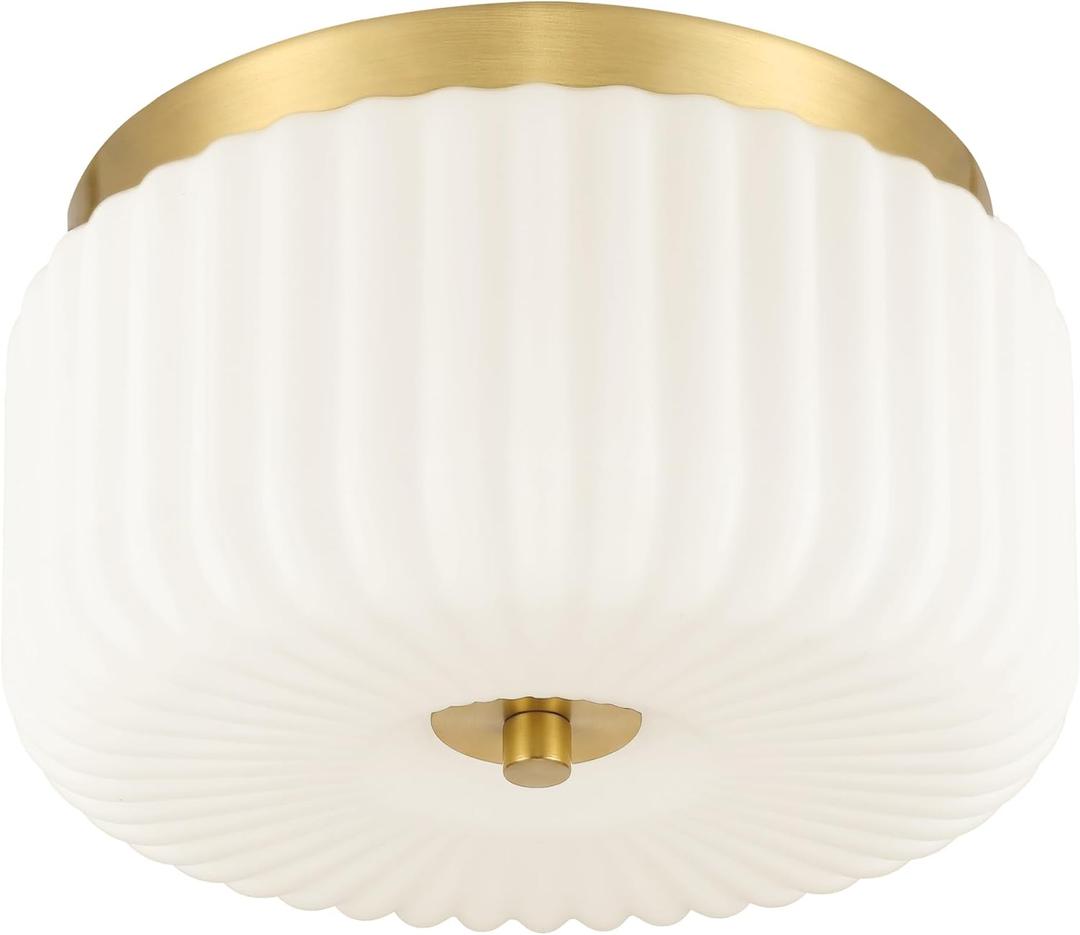 12" 2-Light Flush Mount Ceiling Light, Ribbed Glass, Gold