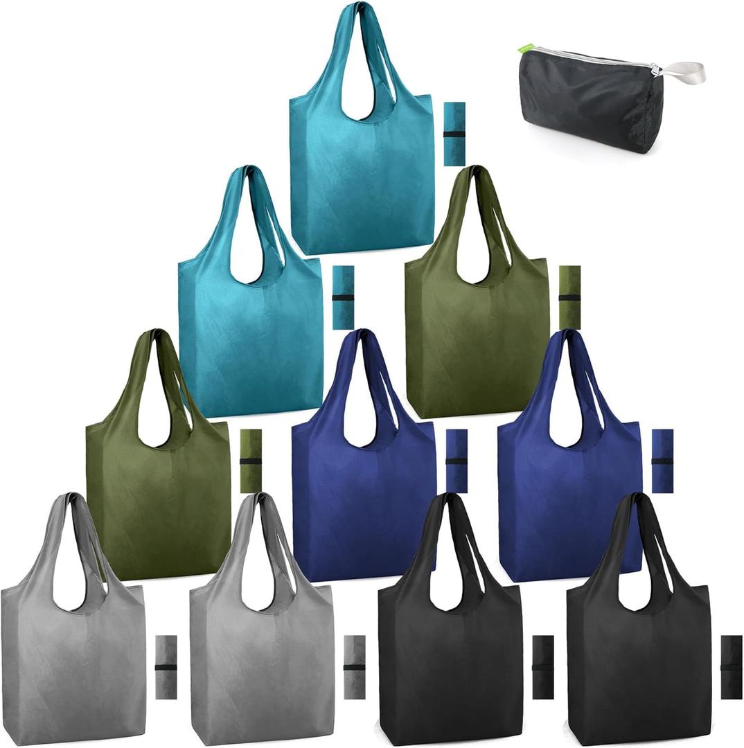 BeeGreen DIY Reusable Grocery Bags Bulk 9 Pack, Reusable Shopping Bags X-Large 50LBS, Machine Washable Kitchen Reusable Bags Heavy Duty, Foldable Tote Bags w Handles for Shopping (Army Green,grey,navy Blue, Black, Lake Blue)