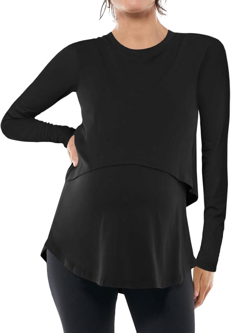 Tankaneo Womens Maternity Nursing Tops Long Sleeve Double Layer Breastfeeding Shirts Pregnancy Clothes (Black)