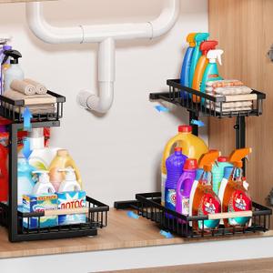 Under Sink Organizer and Storage: 2 Pack Adjustable Height 2-Tier Under Sink Bathroom Organizers Multi-Purpose Bathroom Cabinet Pull Out Drawers for Kitchen with Hooks (Black)