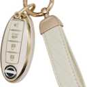 SUNCARACCL for Nissan Key Fob Cover with Leather Keychain, Soft TPU Full Protection Key Case Shell for Nissan Altima Maxima Rogue Armada Pathfinder Smart Key 4 Buttons (White)