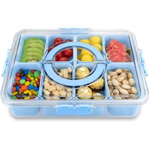 Divided Serving Tray with Lid and Handle,8 Compartments Snacks Box,Snack Fruit Veggie Tray,Portable Platter for Candy Fruits Nuts Snack Party Entertaining Picnic (Blue)