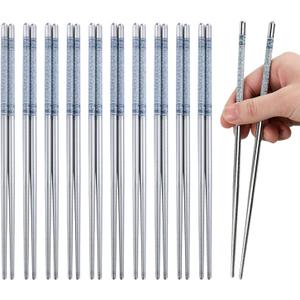 10 Pairs Stainless Steel Chopsticks Dishwasher Safe - 22.4cm/8.82inch Reusable Metal Non-slip Chopstick, Blue & White Pattern Chinese Style Chop Sticks (Silver)