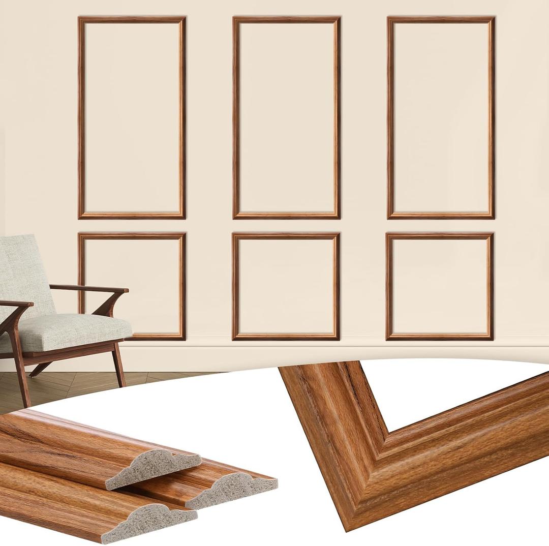 3 Set Wood Color Peel and Stick Wall Molding Kit 6 Frame Premade Wainscoting Accent Panel Ready to Assemble 3D Wall Panels Trim for Interior Mirror Home Molding Decor, 54 x 24 Inch