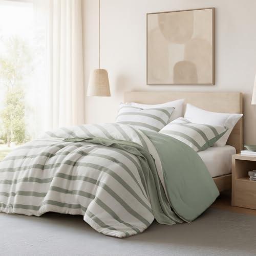 Madison Park Essentials Striped Comforter Set Queen Size, Yarn-Dyed Reversible Comforter with Minimalist Stripes, Crinkled Texture Bedding Set for All-Season Lightweight Warmth, Merritt Sage Green
