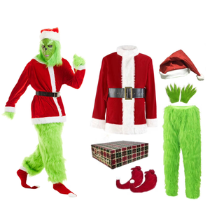 DJKFAEK Green Monster Santa Claus Costumes for Men,Christmas Furry Santa Claus Costume Include Mask for Halloween Cosplay (2XL)