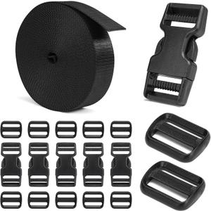Buckles and Straps Set 1": 6 Yards of Thick Nylon Webbing, 6-Pack Heavy Duty Adjustable Quick Side Release Plastic Buckles, 12 Tri-Glide Slide Clips, Black (1-Inch Combo Set)