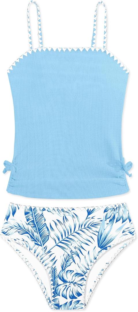 Girls Tankini Swimsuits Two Piece Bathing Suit Drawstring Swimwear Set for Girls 7-18 Years (Blue)