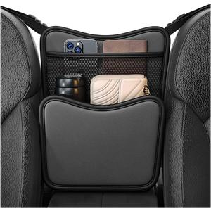 Car Organizer Storage Between Seats, Nappa Leather Front Seat Storage Bag with Tissue Holder, Automotive Console Hanging Net Pocket Handbag Holder for Phone Document (Black)