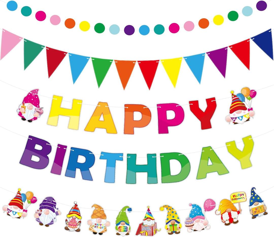 Sinload 5 Pcs Gnome Happy Birthday Party Bunting Banner Colorful Gnome Birthday Decorations Pennant Banners Rainbow Party Backdrop Supplies