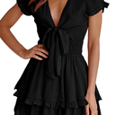 PRETTYGARDEN Women Summer Mini Short Dress 2025 Short Sleeve Casual Beach Vacation Sundress V Neck Tiered Sun Dresses, Black, Size: M