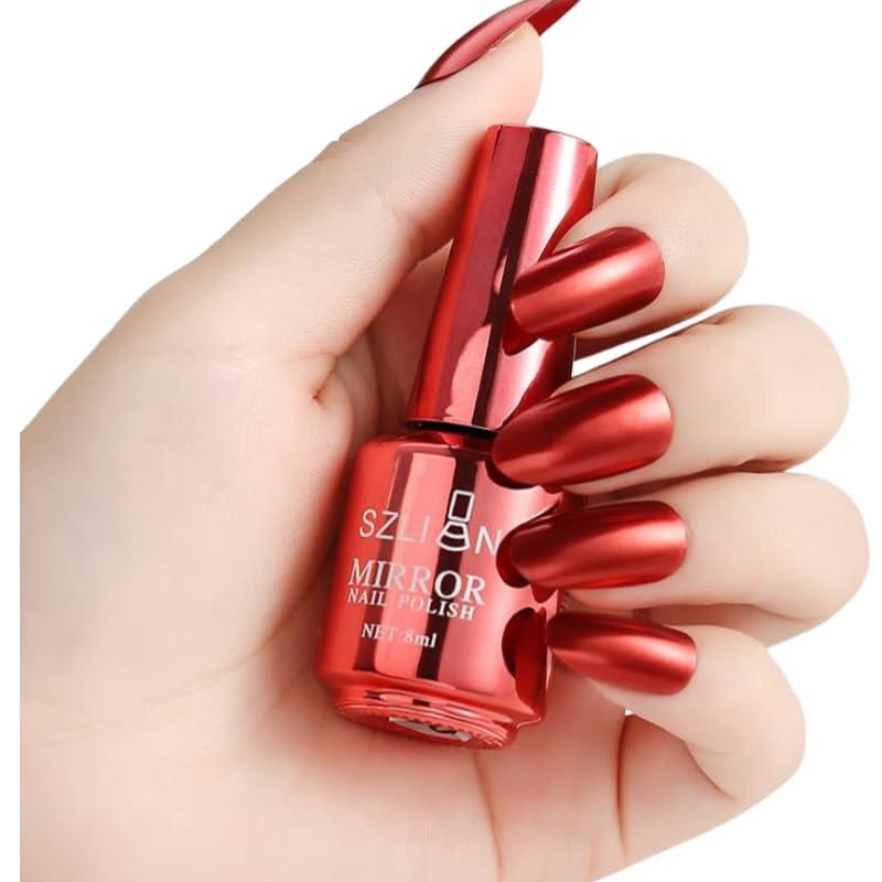 Metallic Nail Polish, Mirror Nail Polish, Quick Dry Nail Lacquers, Long-Lasting Shiny Nail Art Polish (Rust Red, 8ml)