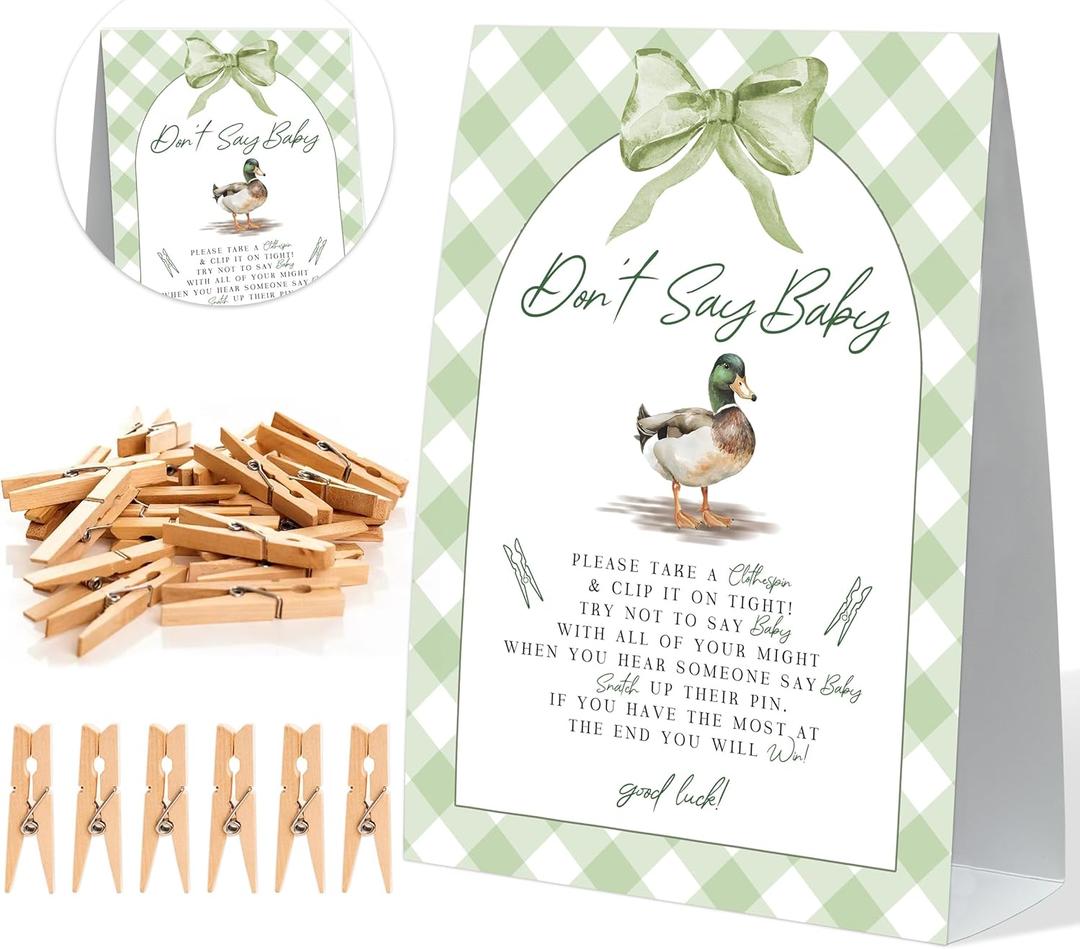 Don't Say Baby Shower Game, Baby Shower Clothes Pin Game, Mallard Duck Green Bow Sign and 50 Clothespins, Duck Hunting Gender Reveal Activities, Fun Gender Reveal Games Decoration Party Supplies, 20