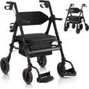 Walkers for Seniors,Rollator Walker with Seat,Walker Wheelchair Combo,2 in 1 Rollator Transport Chair with Brakes, Heavy Duty Rolling Walker,Holds up to 450 pounds,10" Big Wheels for All Terrain,Black