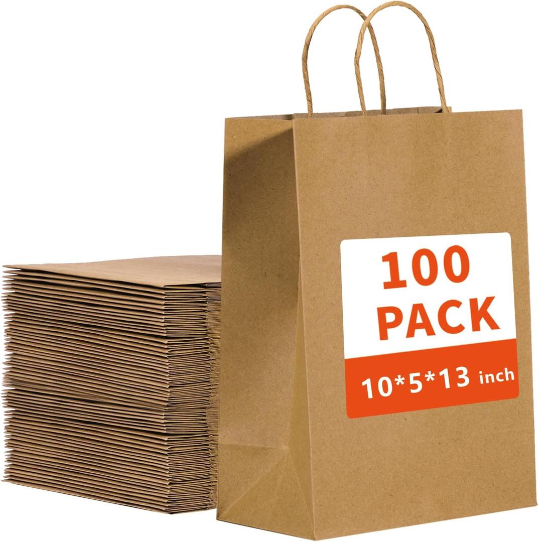 Vanhel 10x5x13in Kraft Paper Bags 100Pcs Brown Paper Bags with Handles Bulk, Recycled Paper Gift Sacks,for Gifts,Retail,Merchandise,Grocery,Birthday Wedding Party Favor, Take-out