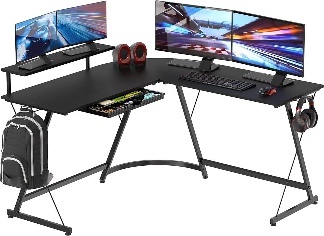 SHW 51 x 51 Inches Vista L-Shaped Desk with Monitor Stand and Drawer, Black, L-Shaped w/ 1 Side Monitor Riser