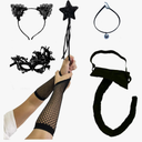VCZONE 6 Pcs Cat Costume for Women Halloween Masquerade Black Cat Lace Ears Kitten Tail Net Gloves Necklace Mask and Star Wand
