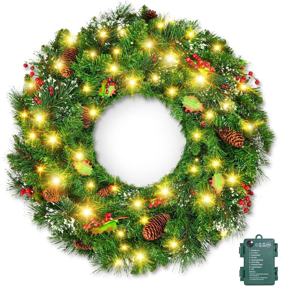 Brightown 24 Inch Pre-Lit Artificial Christmas Wreaths for Front Door, Battery Operated Christmas Wreath with 50 LED Lights, Lighted Wreath for Front Door Wall Window (Green,harry Leaf)