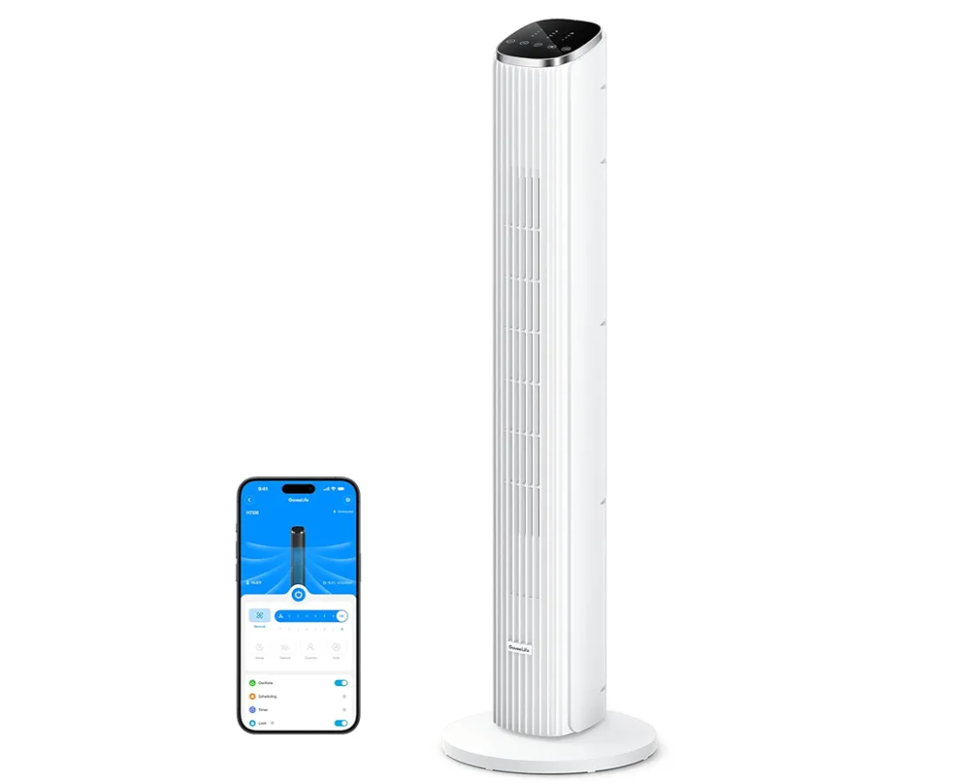 GoveeLife White Tower Fan for Bedroom, 36" Smart Floor Fan with App/Voice Control, Temperature Sensor, 5 Modes 8 Speeds(25ft/s), 29dB Quiet Oscillating Fan for Office, 24H Timer, Auto Cooling