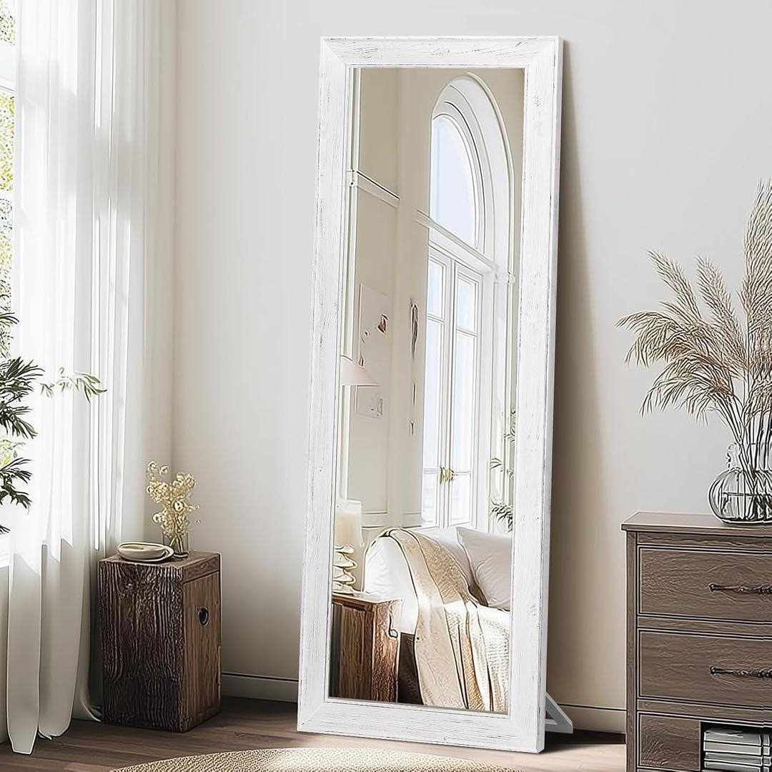 Full Length Mirror 65"x22" - Beveled Edge Rustic White Dressing Mirror, Solid Wood Frame, Wall Mounted or Standing for Bedroom, Entryway, Living Room