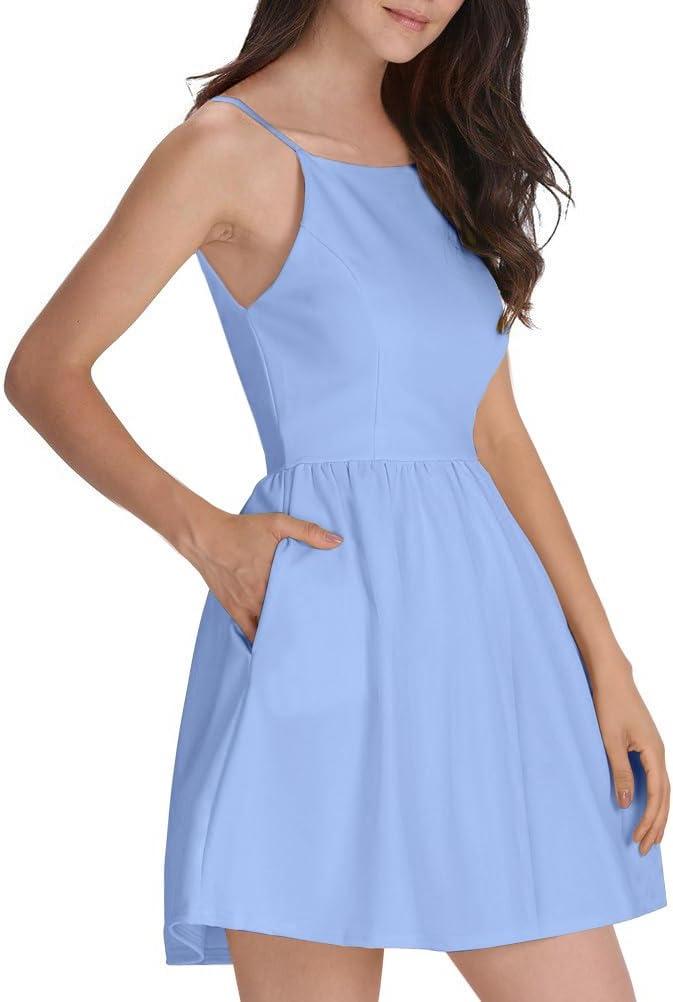 FANCYINN Women Short Dress Sexy Spaghetti Strap Backless Mini Casual Dress Halter Dresses Homecoming Dresses (Blue)