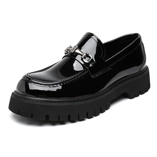XENTORD Men's Patent Leather Platform Loafers Comfort Non-Slip Lug Sole Slip-On Dress Shoes with Metal Horsebit Detail for Business Office & Casual (Black A,9), N43