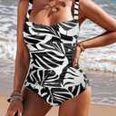 Ekouaer Women's One Piece Swimsuit Ruched Tummy Control Bathing Suits Vintage Retro Push Up Swimwear, S, Black white floral