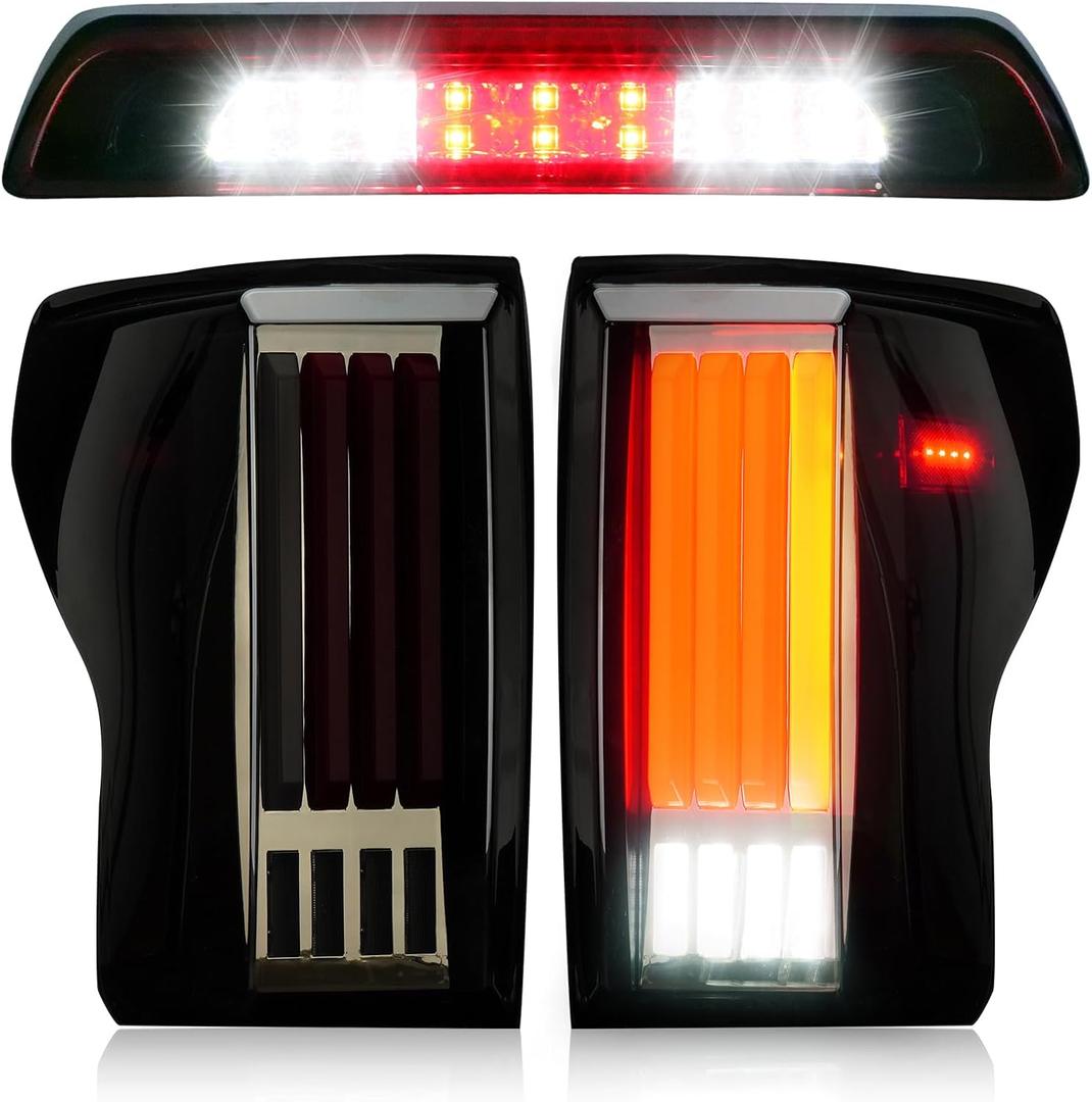 LED Tail Light Fit for Toyota Tundra 2007-2013, Taillight Assembly Replacement Left + Right Pair, Smoke + Red Lens (Smoke Tail Light+ Red 3rd Brake Light)