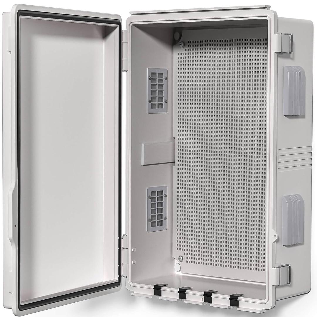 Electrical Junction Box, Ventilated Design, Cable Grommets, Indoor/Outdoor Use with Mounting Panel & Hinged Cover. Waterproof IP 65. (Grey Cover, 17.7"x13.7"x7.9")