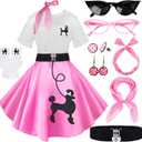 10Pcs Sock Hop Outfits Women, 1950s Poodle Skirts, Poodle T-Shirt with 50s Accessories Socks Scarf Headband Belt Earring (Medium, Pink)