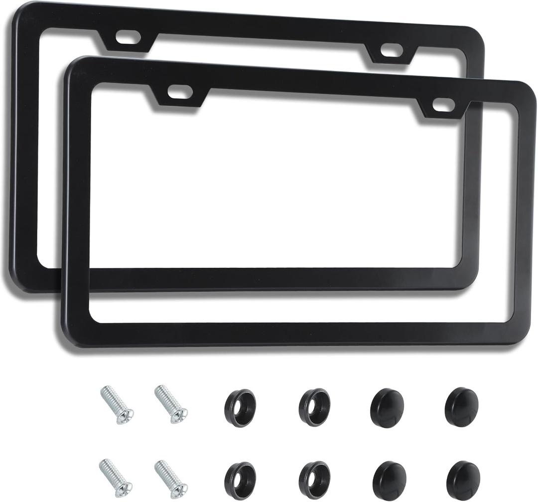 2PCS Matte Black License Plate Frames - No-Cover State Name - Premium Rust Proof Aluminum License Plate Holder for Women and Men, Universal Car Plate Frame with 2 Holes, Easy to Install